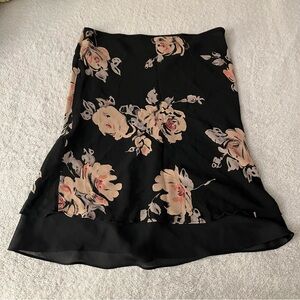 Black Silk Floral Midi Skirt